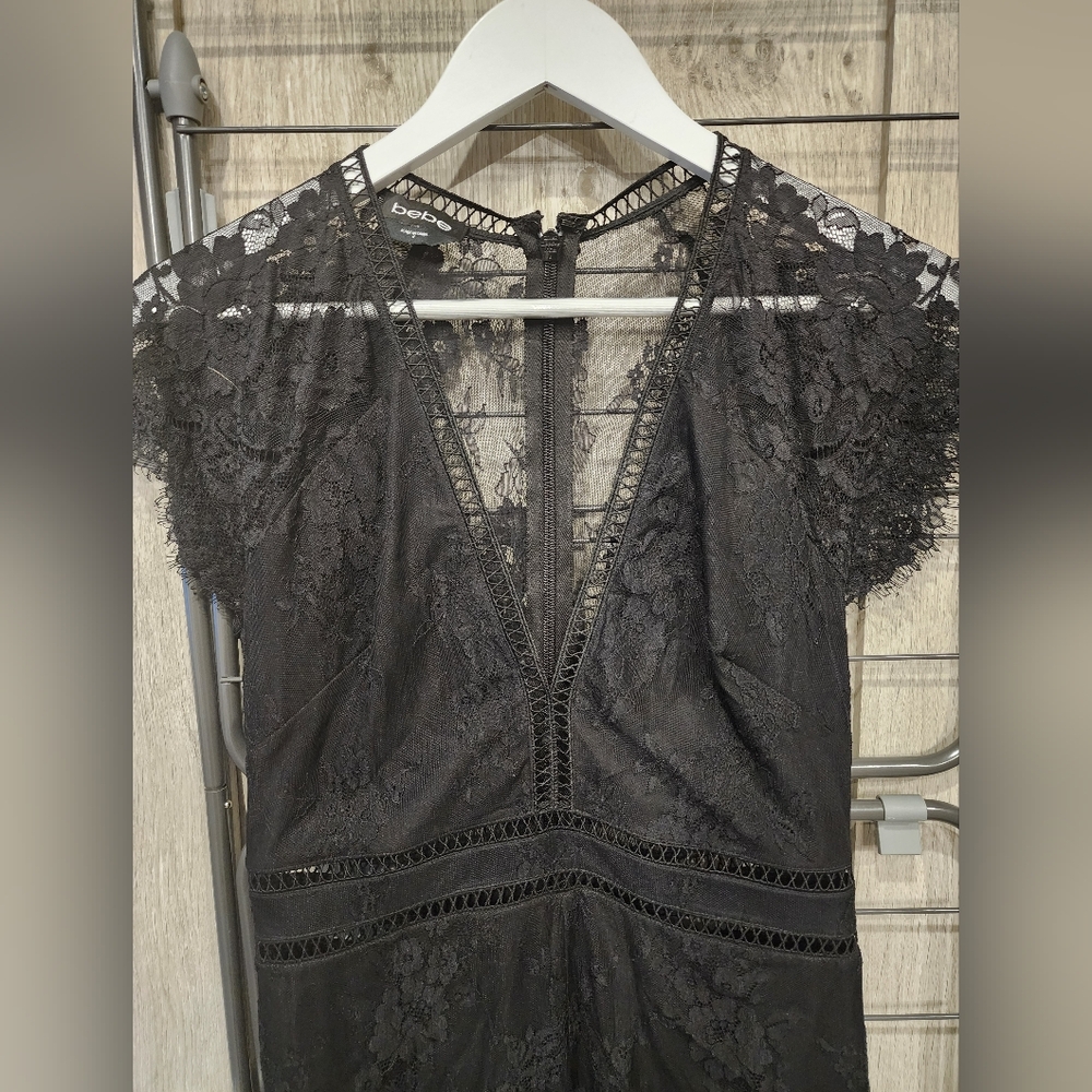 Bebe Lace Black Romper 8 Sheer Back Crochet Trim - Picture 11 of 11